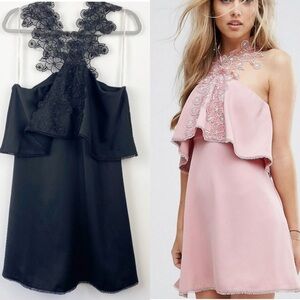 NWT FOXIEDOX Dress ZOE MINI DRESS Black Floral Rosette Lace Cold Shoulder Large